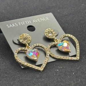 Saks Fifth Avenue Iridescent and Gold Double Heart Earrings 1.5 inch